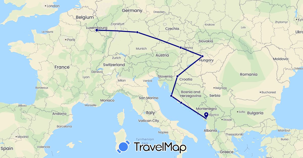 TravelMap itinerary: driving in Albania, Austria, Germany, Croatia, Hungary, Luxembourg (Europe)